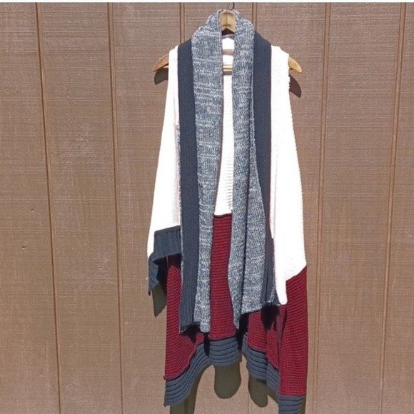Free People Colorblock Open-Front Sleeveless Cardigan in Pink, Gray & Burgundy - Picture 8 of 8